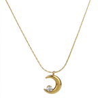A gold-plated stainless steel chain for women featuring a polished crescent moon pendant set with a single sparkling clear crystal