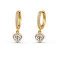 A pair of gold-plated hoop earrings for women featuring a suspended heart-shaped clear crystal drop, shown on a clean white background.