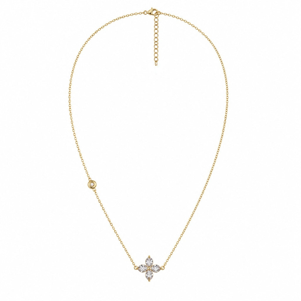 A gold-plated stainless steel chain for women featuring a four-petal crystal flower pendant and a side bezel-set crystal accent.