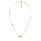 A gold-plated stainless steel chain for women featuring a four-petal crystal flower pendant and a side bezel-set crystal accent.