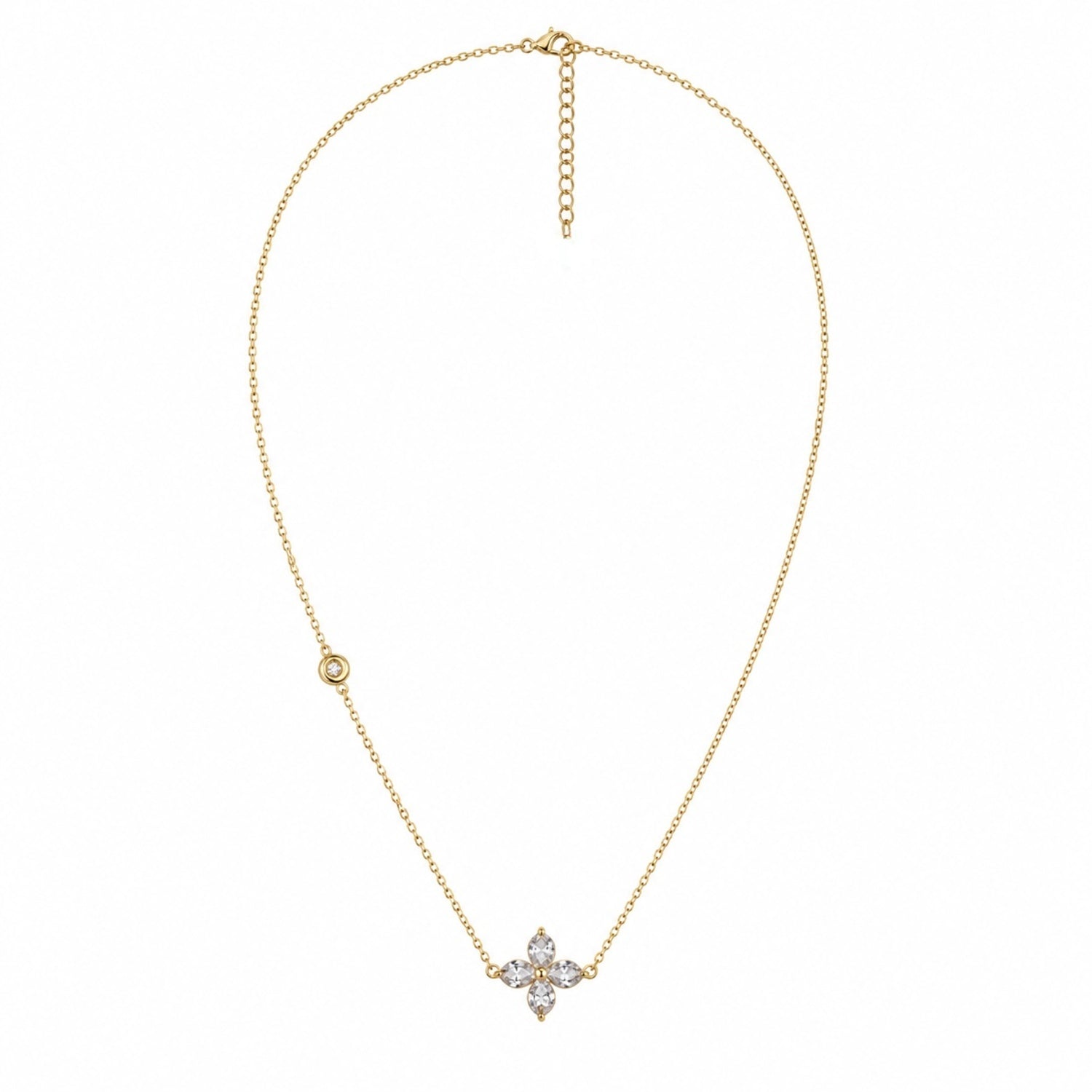 A gold-plated stainless steel chain for women featuring a four-petal crystal flower pendant and a side bezel-set crystal accent.