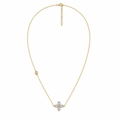 A gold-plated stainless steel chain for women featuring a four-petal crystal flower pendant and a side bezel-set crystal accent.