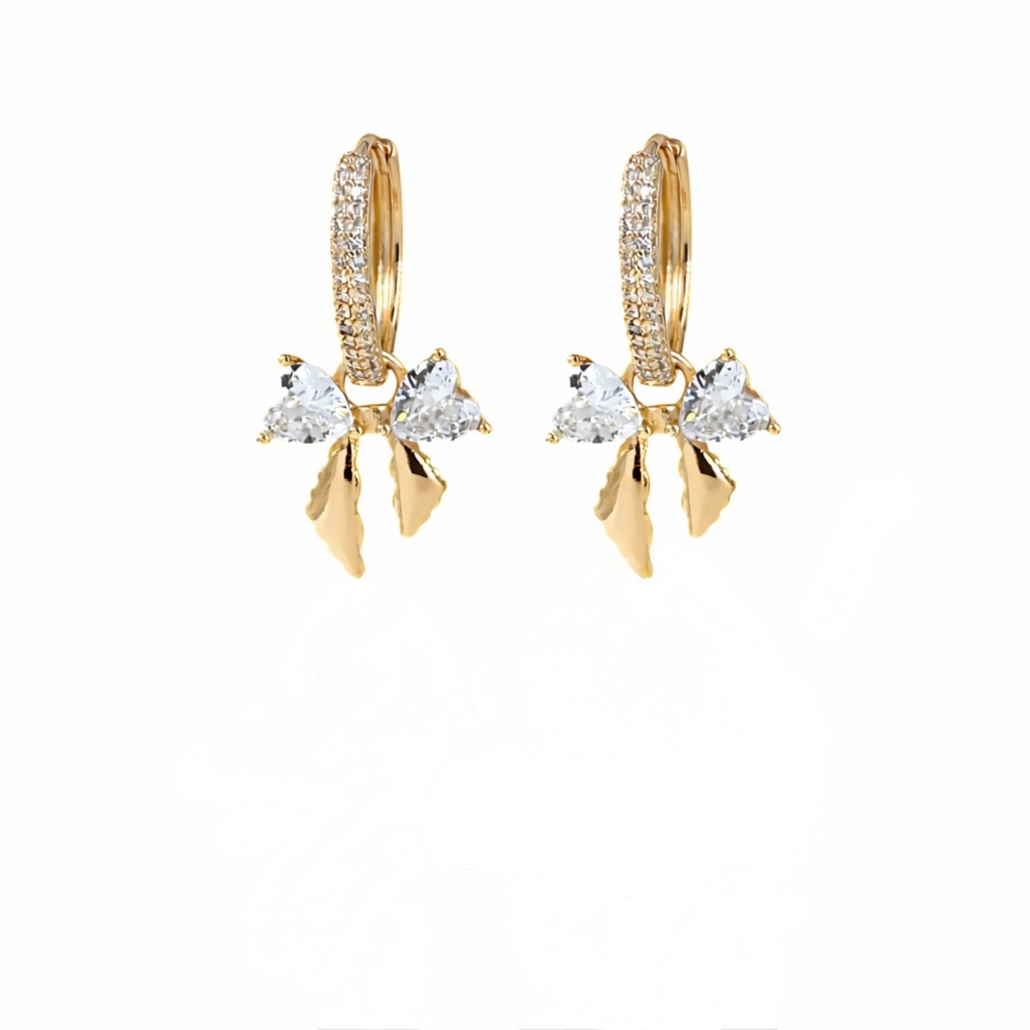 A pair of gold-plated hoop earrings for women featuring a crystal bow drop with heart-shaped stones, shown on a white background.