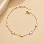 A gold-plated stainless steel chain bracelet for women featuring five clear rectangular baguette stones.
