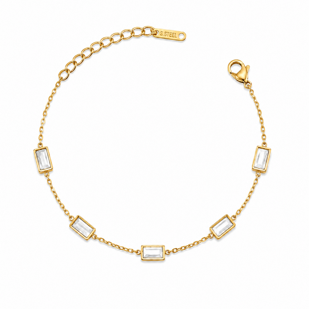 A gold-plated stainless steel chain bracelet for women featuring five clear rectangular baguette stones.