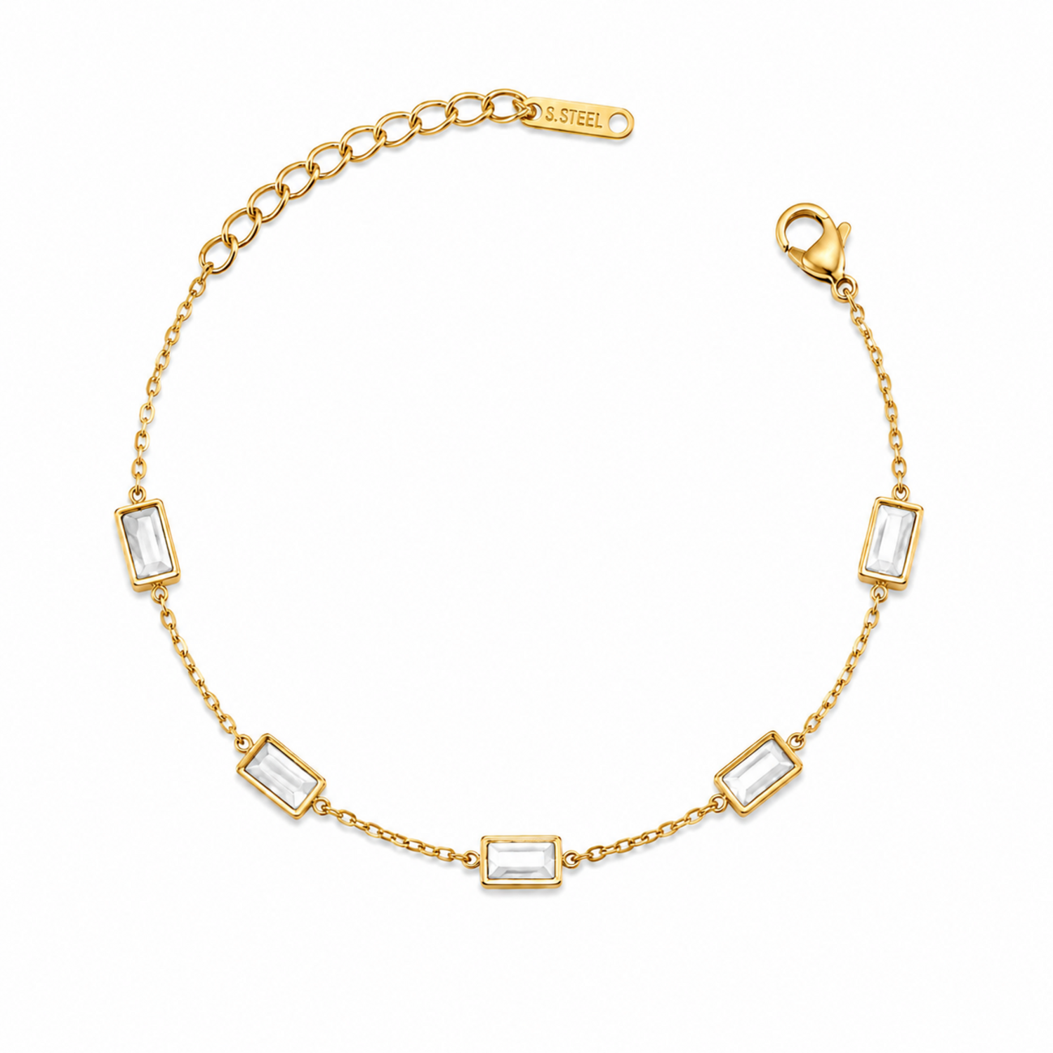 A gold-plated stainless steel chain bracelet for women featuring five clear rectangular baguette stones.