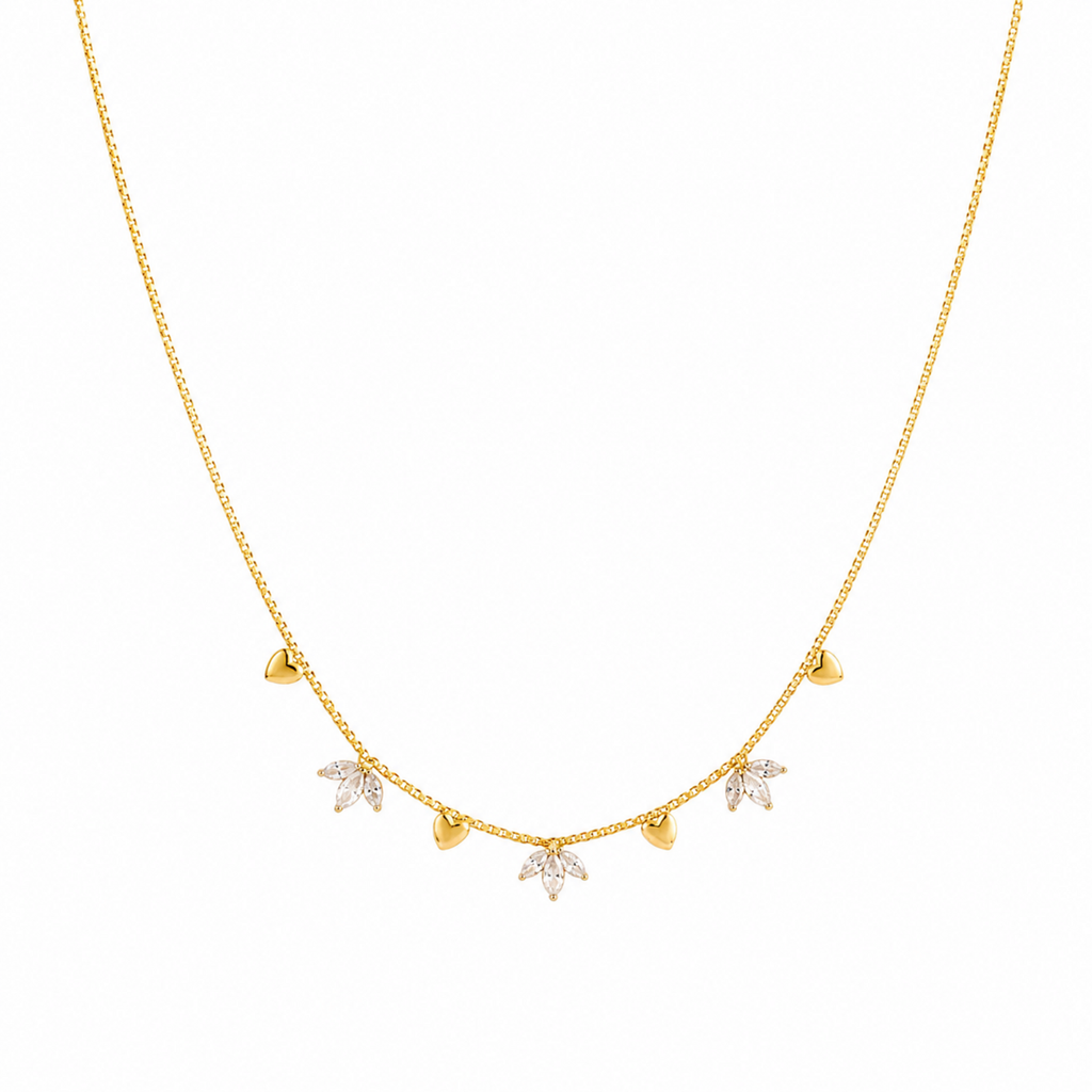 A gold-plated stainless steel chain for women featuring alternating gold heart charms and crystal floral clusters
