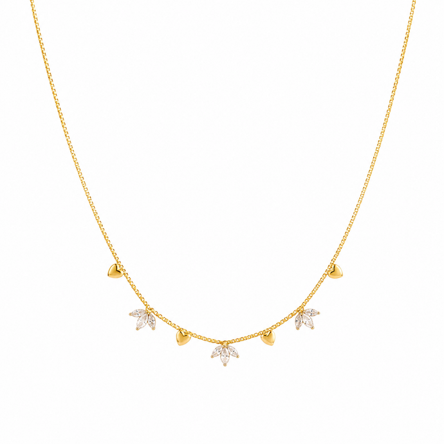A gold-plated stainless steel chain for women featuring alternating gold heart charms and crystal floral clusters
