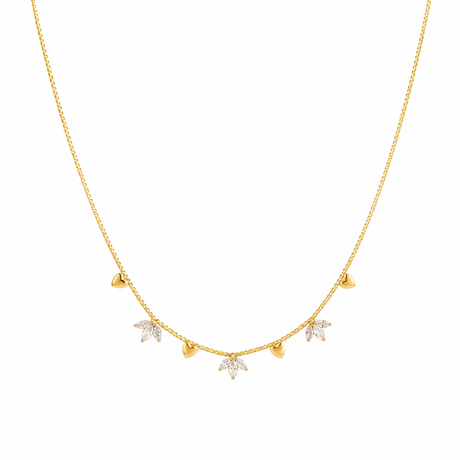 A gold-plated stainless steel chain for women featuring alternating gold heart charms and crystal floral clusters