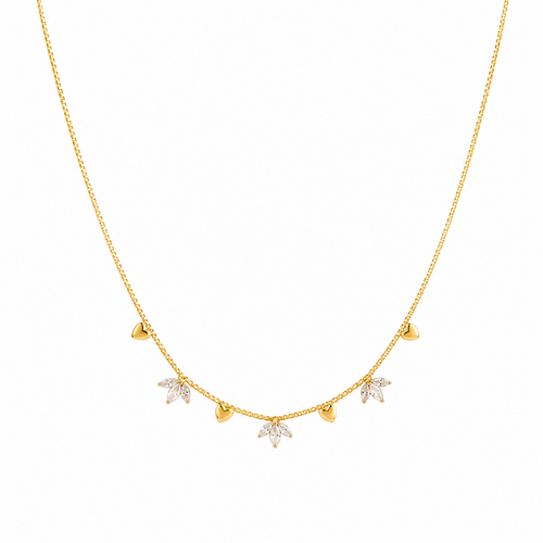 A gold-plated stainless steel chain for women featuring alternating gold heart charms and crystal floral clusters
