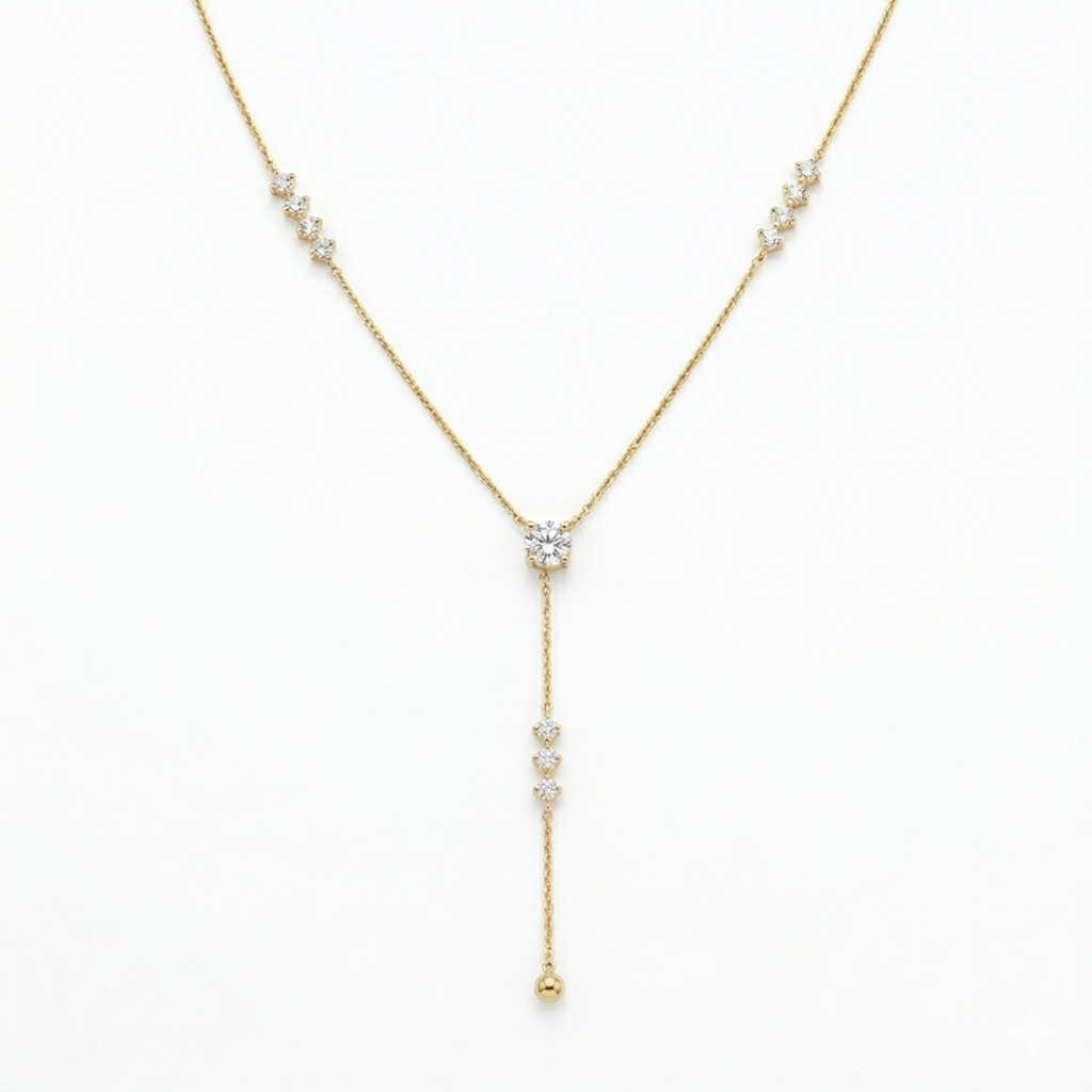 A gold-plated stainless steel chain for women featuring a Y-drop design with multiple crystal accents and a gold bead finish