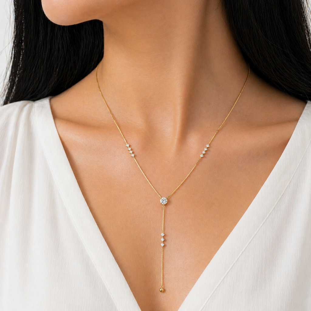 A gold-plated stainless steel chain for women featuring a Y-drop design with multiple crystal accents and a gold bead finish, shown on a model