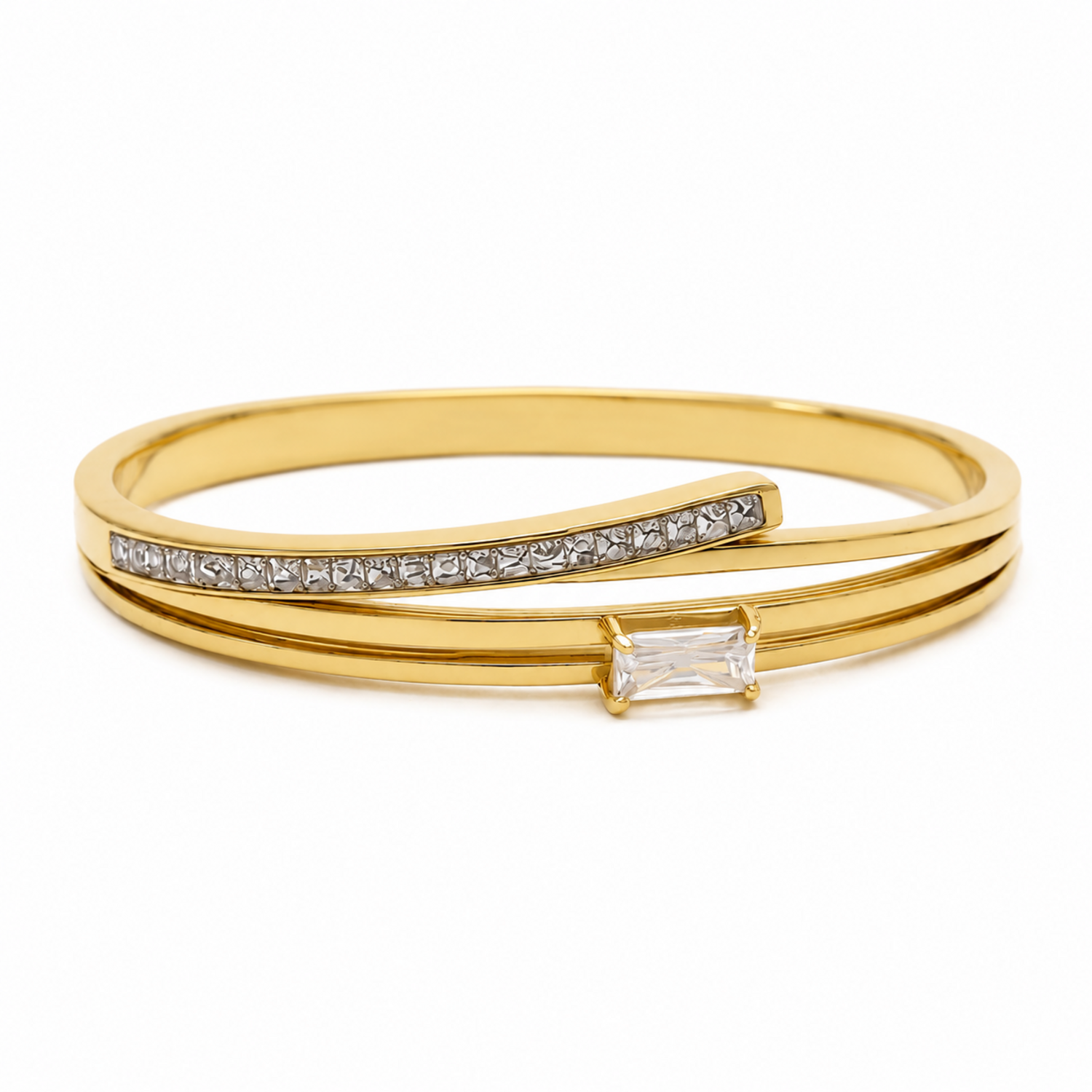 A layered gold-plated bracelet for women featuring a triple-band design with pavé crystals and a central baguette stone.