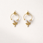 A pair of gold-plated earrings for women featuring a detailed dragonfly charm and three white pearls