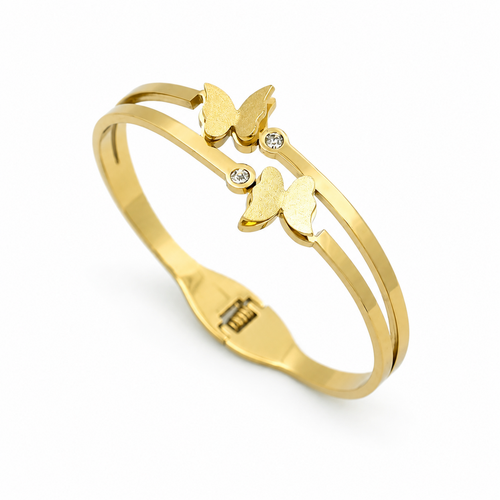 A gold-plated dual-strand cuff bangle for women featuring two frosted butterfly charms and small crystal accents