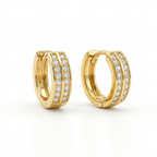 A pair of gold-plated huggie hoop earrings for women featuring a duo design set with clear crystals, shown on a clean white background.