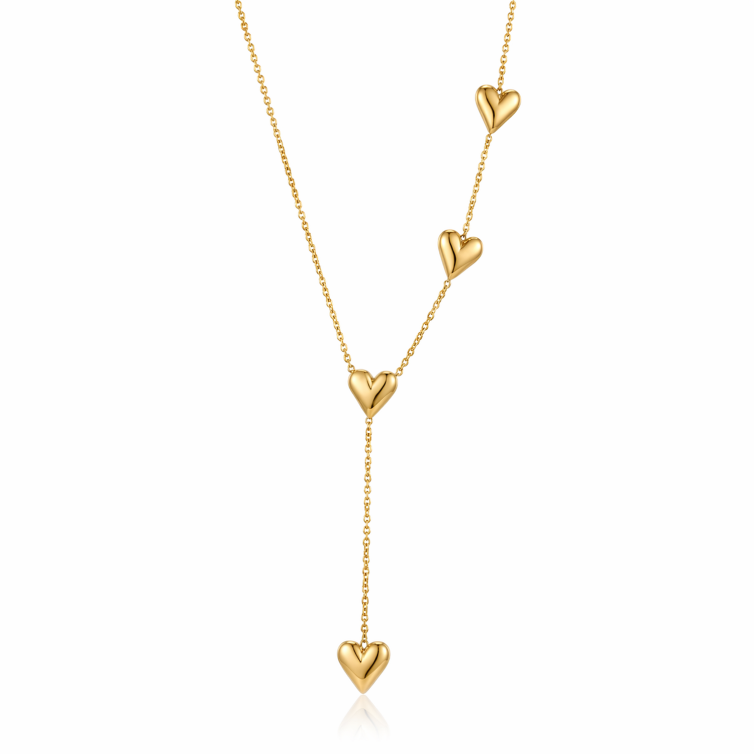 A gold-plated stainless steel chain for women featuring a Y-shaped drop design with four polished, 3D heart charms.