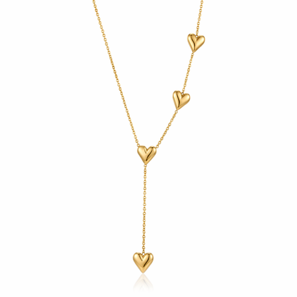 A gold-plated stainless steel chain for women featuring a Y-shaped drop design with four polished, 3D heart charms.