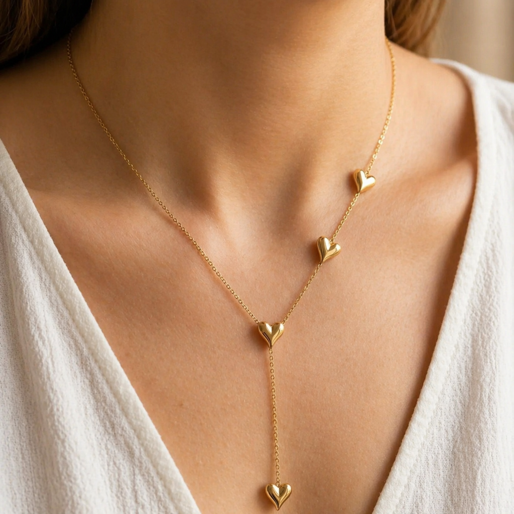 A gold-plated stainless steel chain for women featuring a Y-shaped drop design with four polished, 3D heart charms, shown on a model