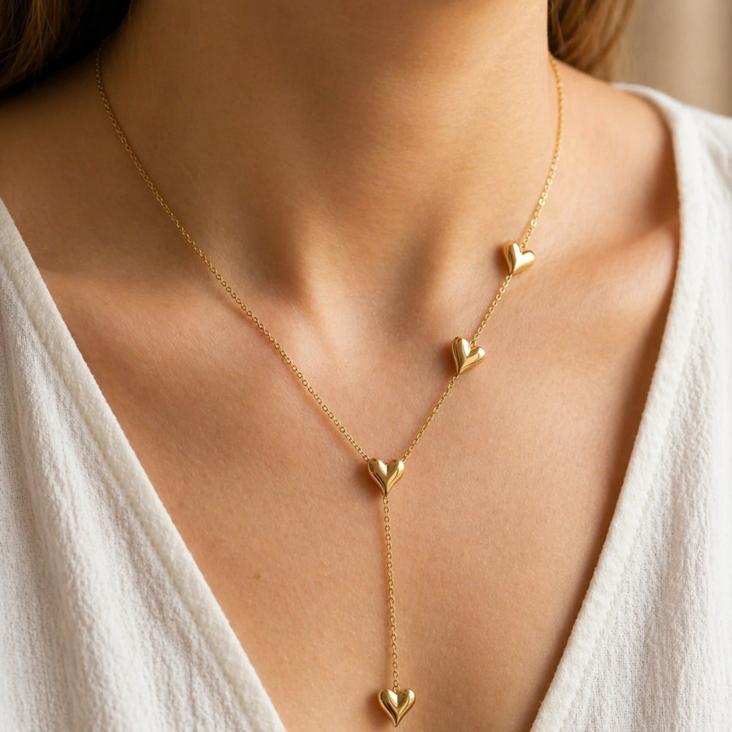 A gold-plated stainless steel chain for women featuring a Y-shaped drop design with four polished, 3D heart charms, shown on a model