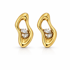 A pair of gold-plated abstract-shaped stud earrings for women featuring two marquise crystals inside a molten gold frame, shown on a white background.