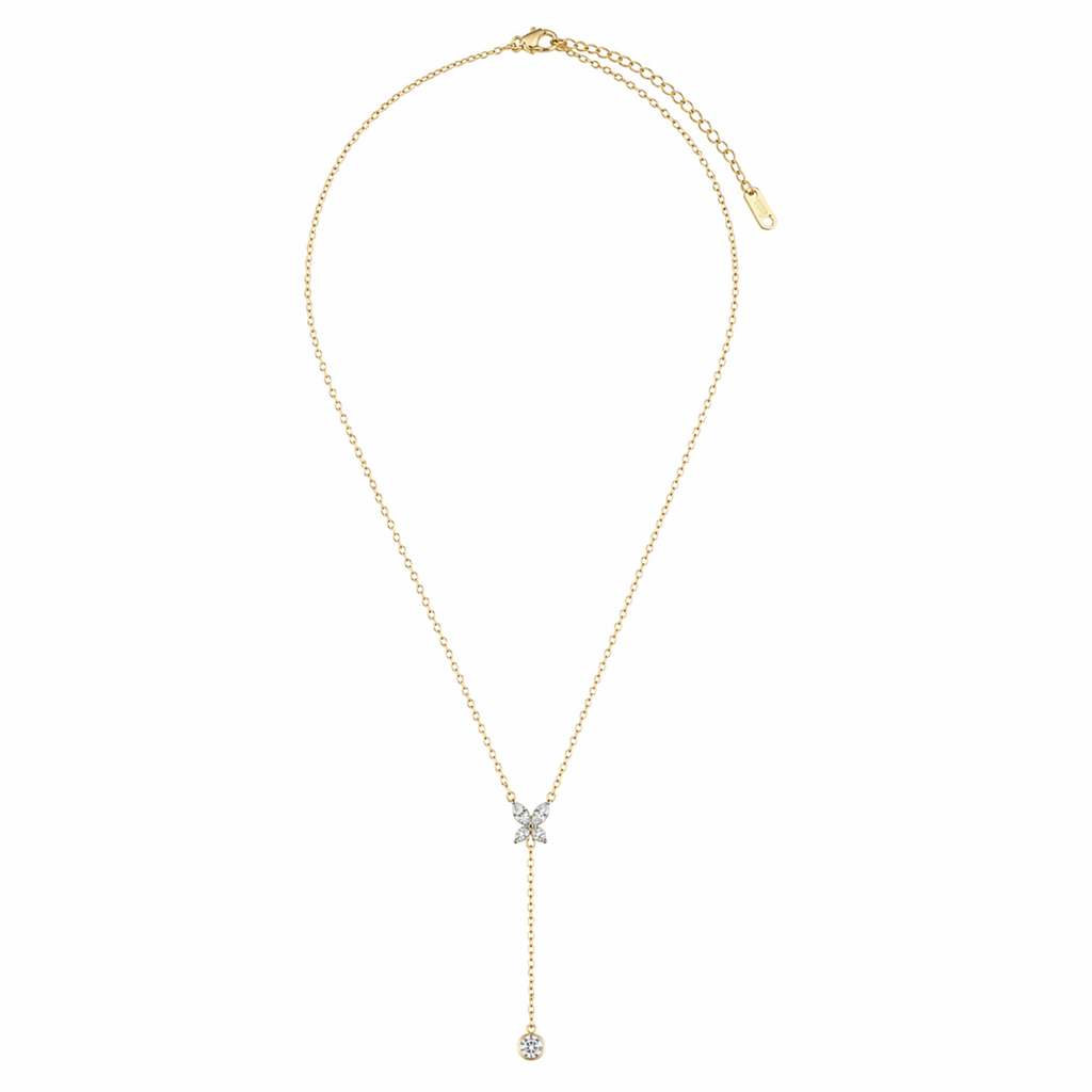 A gold-plated stainless steel chain for women featuring a crystal butterfly lariat design with a plunging drop and solitaire stone