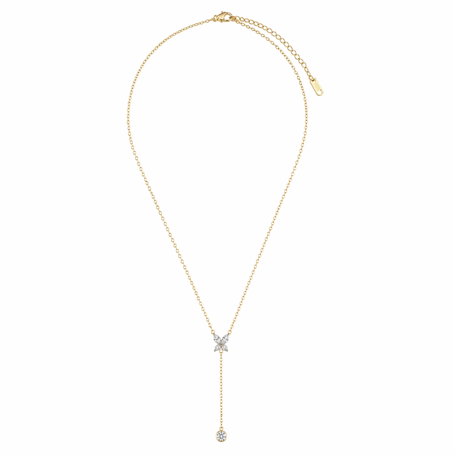 A gold-plated stainless steel chain for women featuring a crystal butterfly lariat design with a plunging drop and solitaire stone