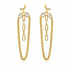 A pair of gold-plated long earrings for women featuring a three-leaf crystal vine that suspends a cascading gold curb chain loop and central paperclip links.