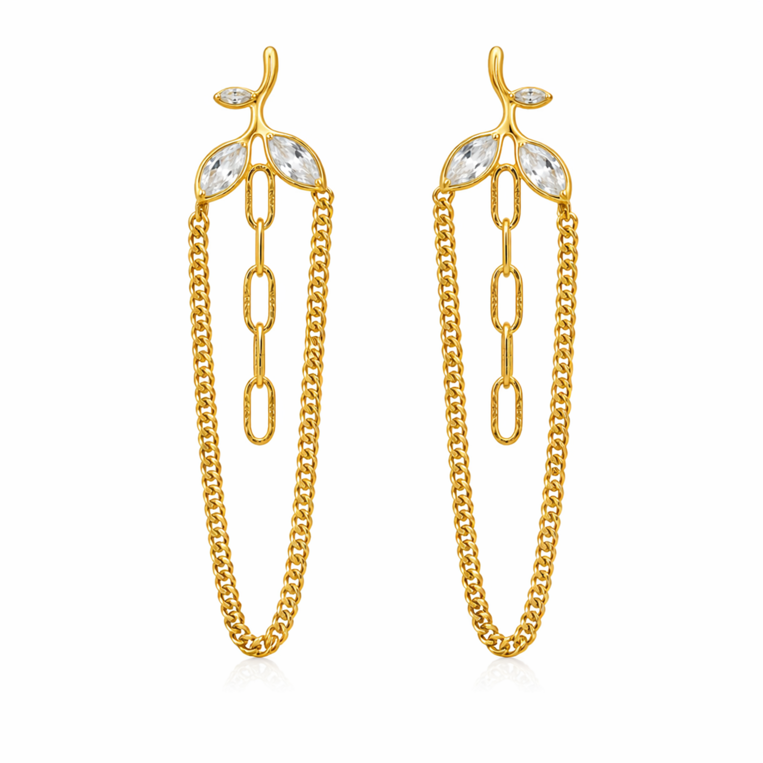 A pair of gold-plated long earrings for women featuring a three-leaf crystal vine that suspends a cascading gold curb chain loop and central paperclip links.