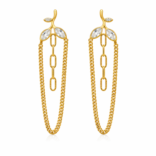 A pair of gold-plated long earrings for women featuring a three-leaf crystal vine that suspends a cascading gold curb chain loop and central paperclip links.