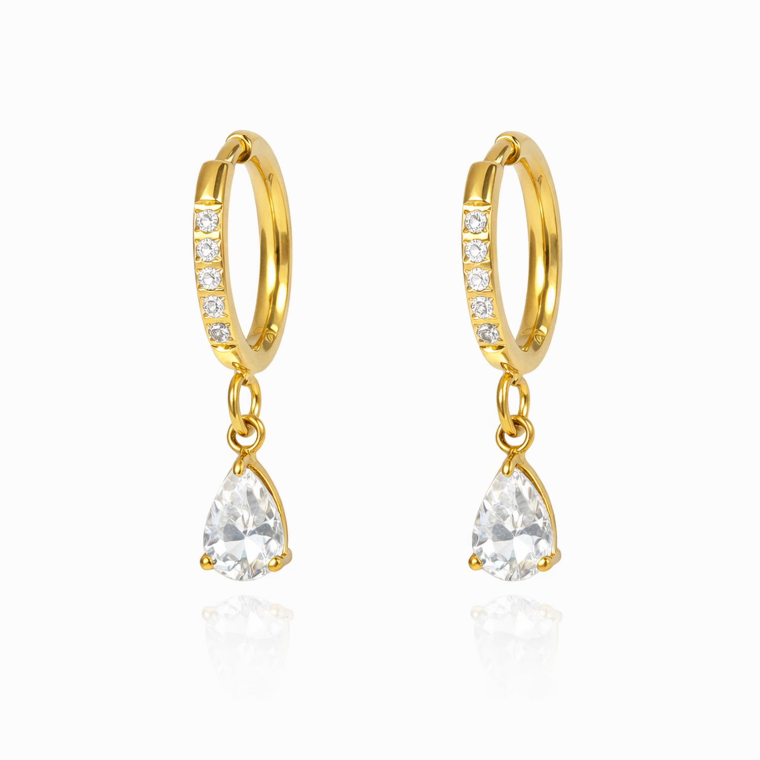 A pair of gold-plated hoop earrings for women featuring a sparkling pear-cut crystal drop, shown on a white background.