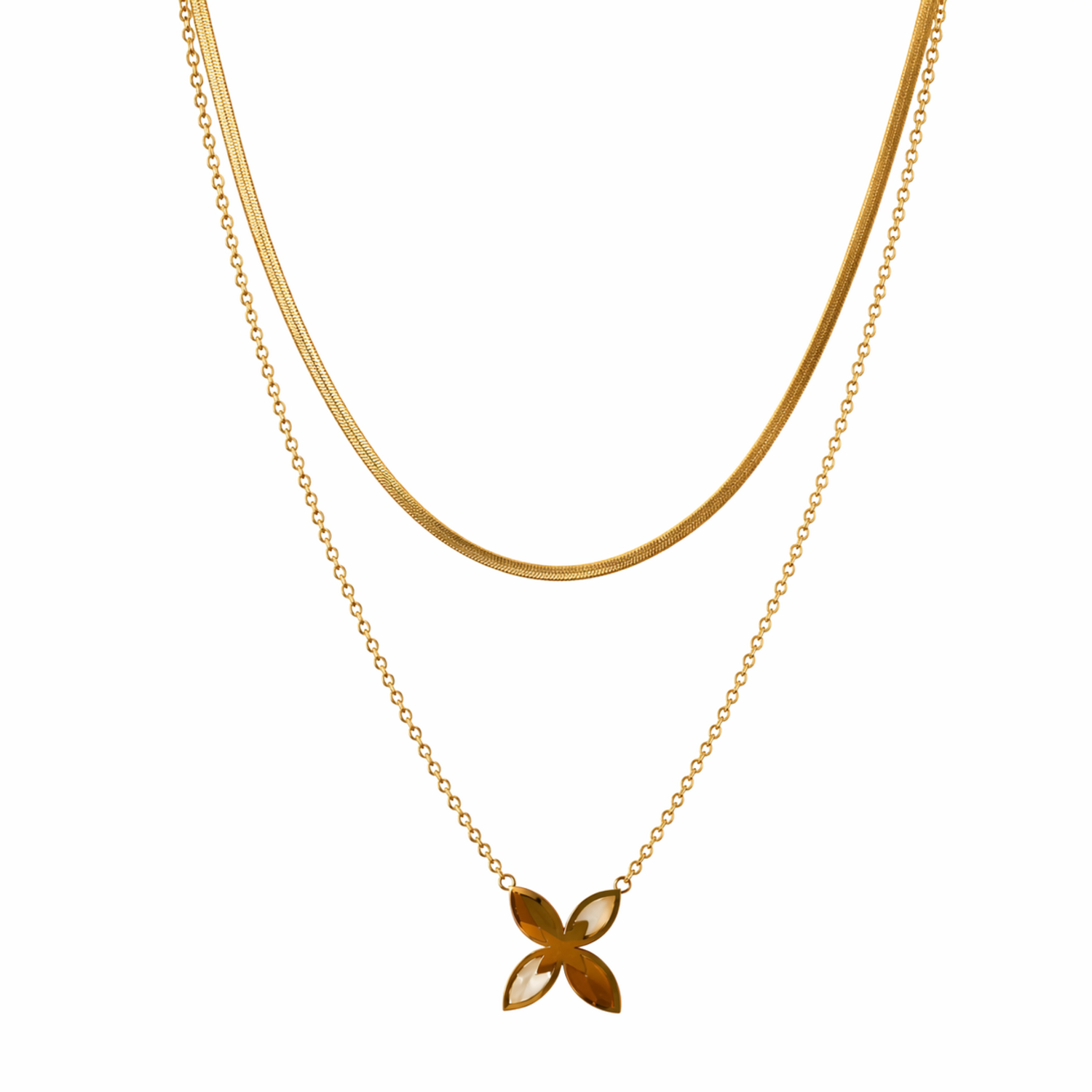 Gold necklace with a flower-shaped pendant on a white background