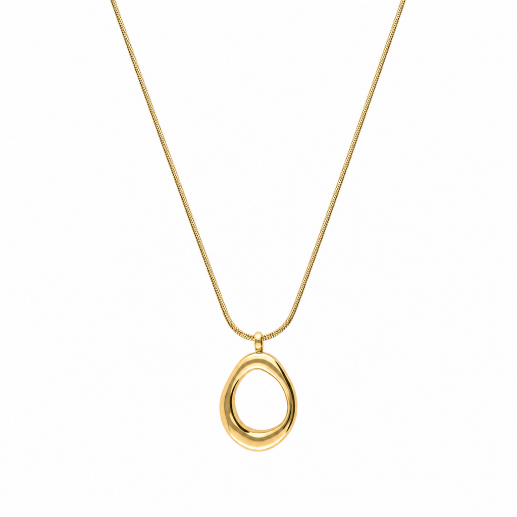 A gold-plated stainless steel chain for women featuring a sleek snake link and a open-oval pendant