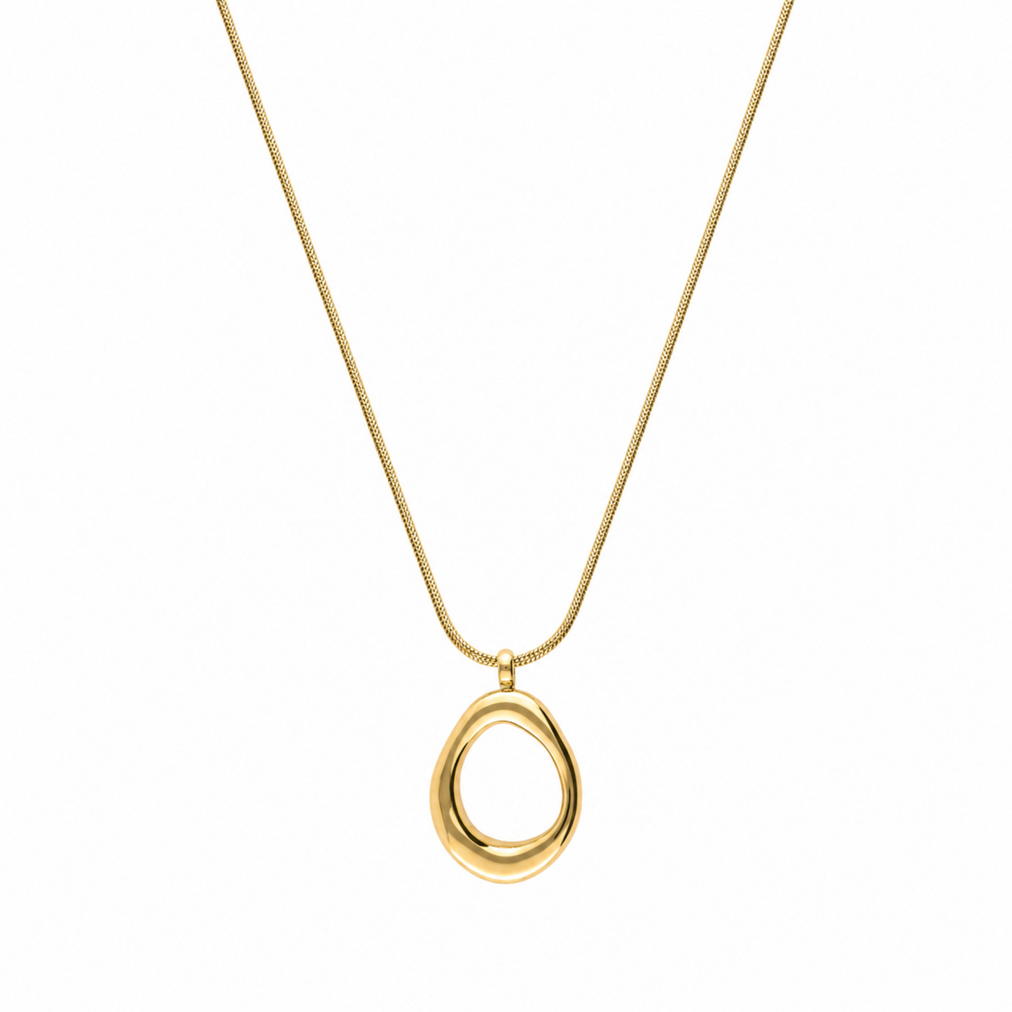 A gold-plated stainless steel chain for women featuring a sleek snake link and a open-oval pendant