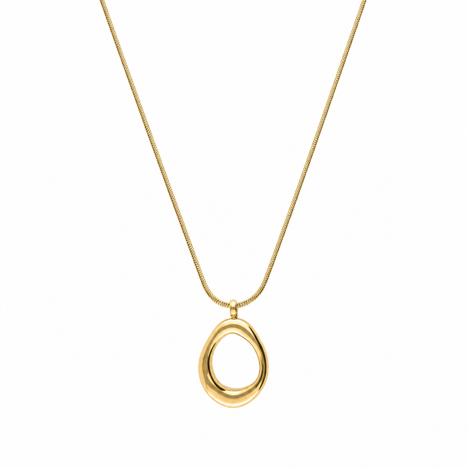 A gold-plated stainless steel chain for women featuring a sleek snake link and a open-oval pendant