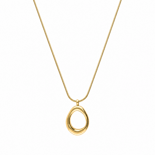 A gold-plated stainless steel chain for women featuring a sleek snake link and a open-oval pendant