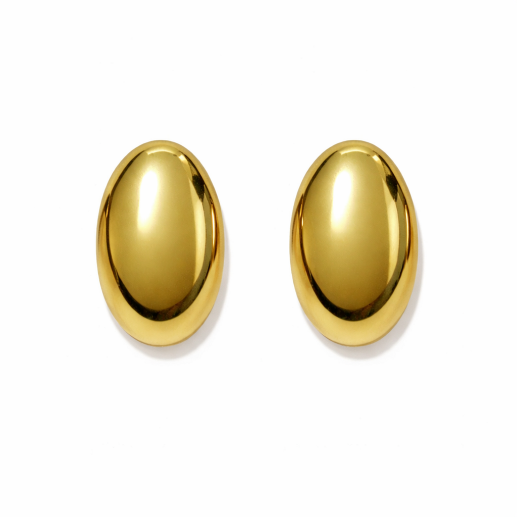 A pair of gold-plated oval dome stud earrings for women, shown on a white background.