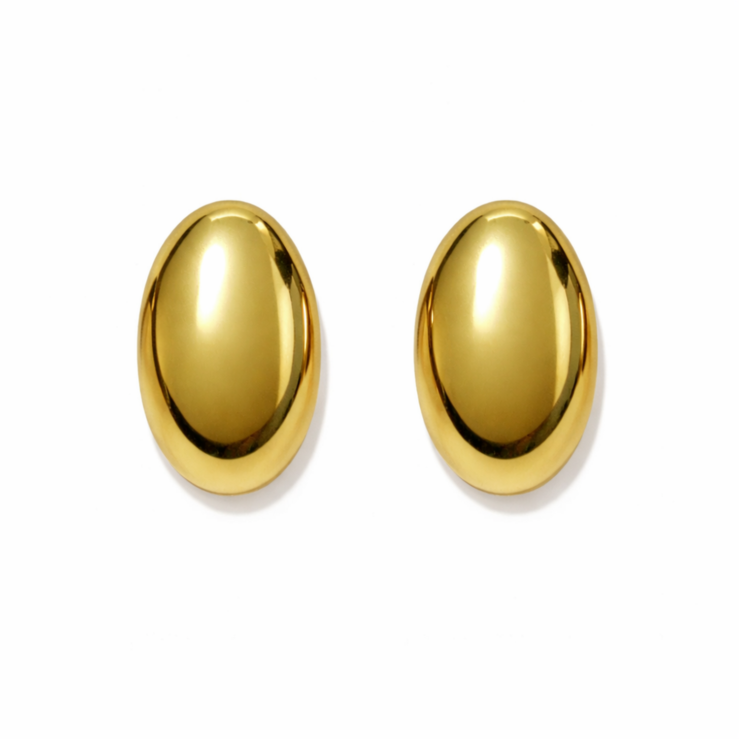 A pair of gold-plated oval dome stud earrings for women, shown on a white background.