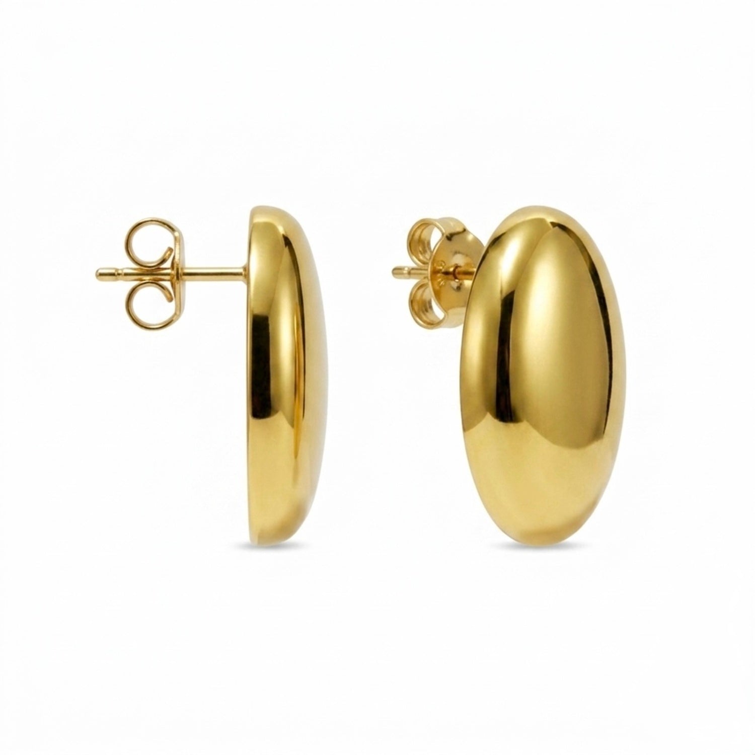 A pair of gold-plated oval dome stud earrings for women, shown on a white background