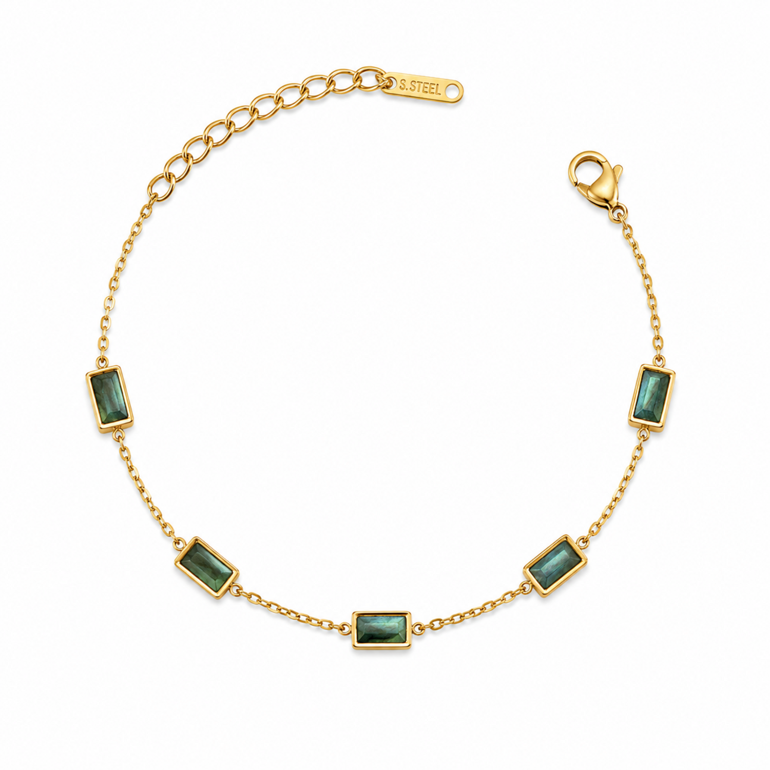 A gold-plated stainless steel chain bracelet for women featuring five rectangular emerald-green baguette stones.