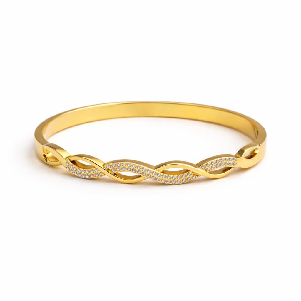 A high-quality gold-plated infinity braid bangle for women featuring pavé-set white stones on a white background