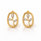 A pair of gold-plated oval stud earrings for women featuring an branch design with three marquise crystal leaves, shown on a white background