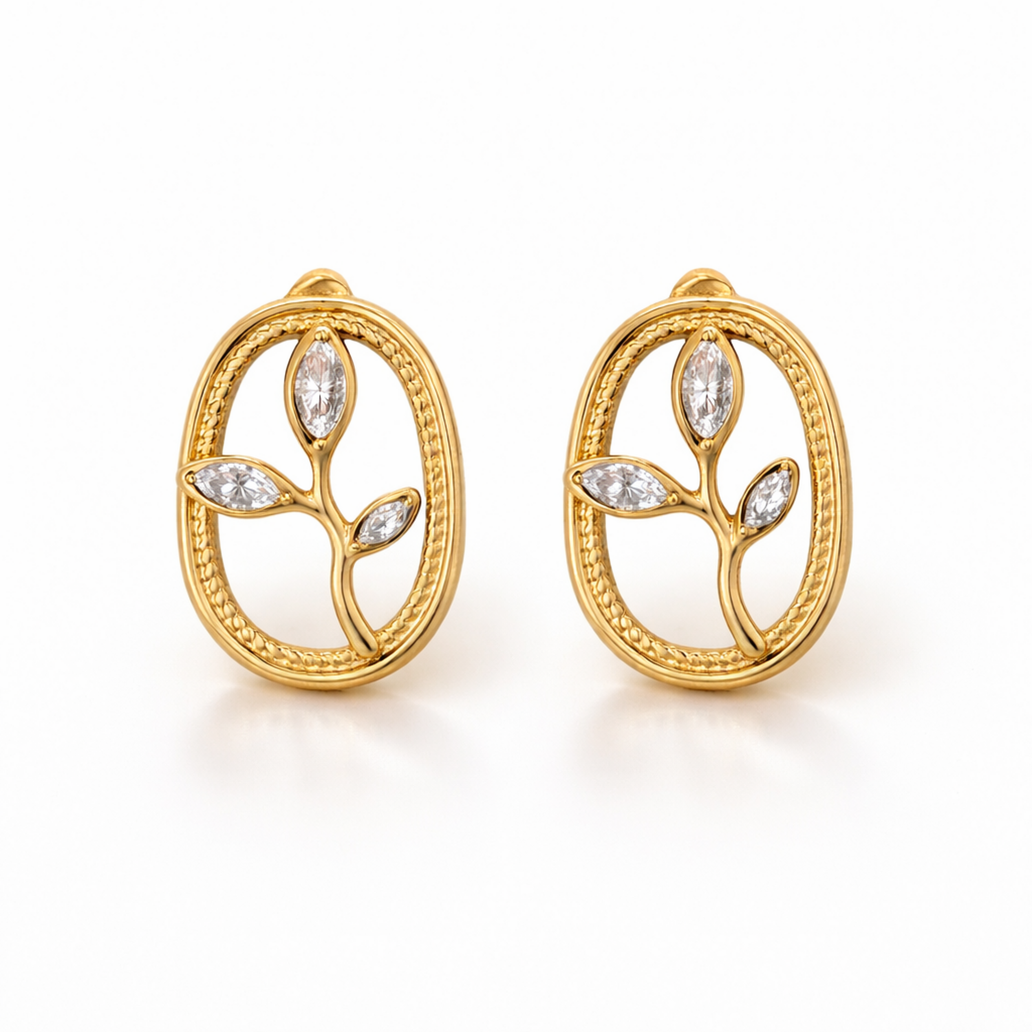 A pair of gold-plated oval stud earrings for women featuring an branch design with three marquise crystal leaves, shown on a white background