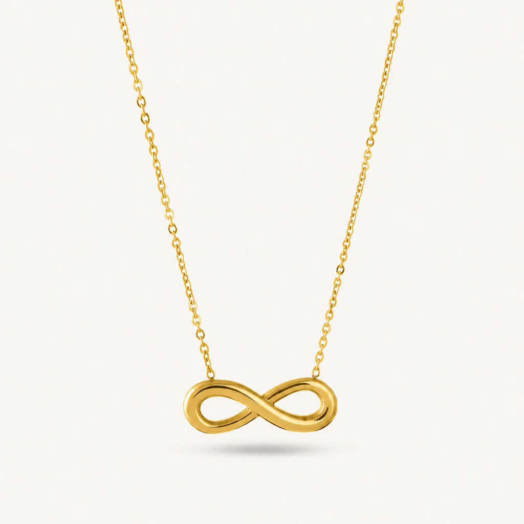 A gold-plated stainless steel chain for women featuring a infinity symbol pendant.