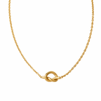 A gold-plated stainless steel chain for women featuring a polished, sculptural knot pendant on a delicate link chain, on a white background.
