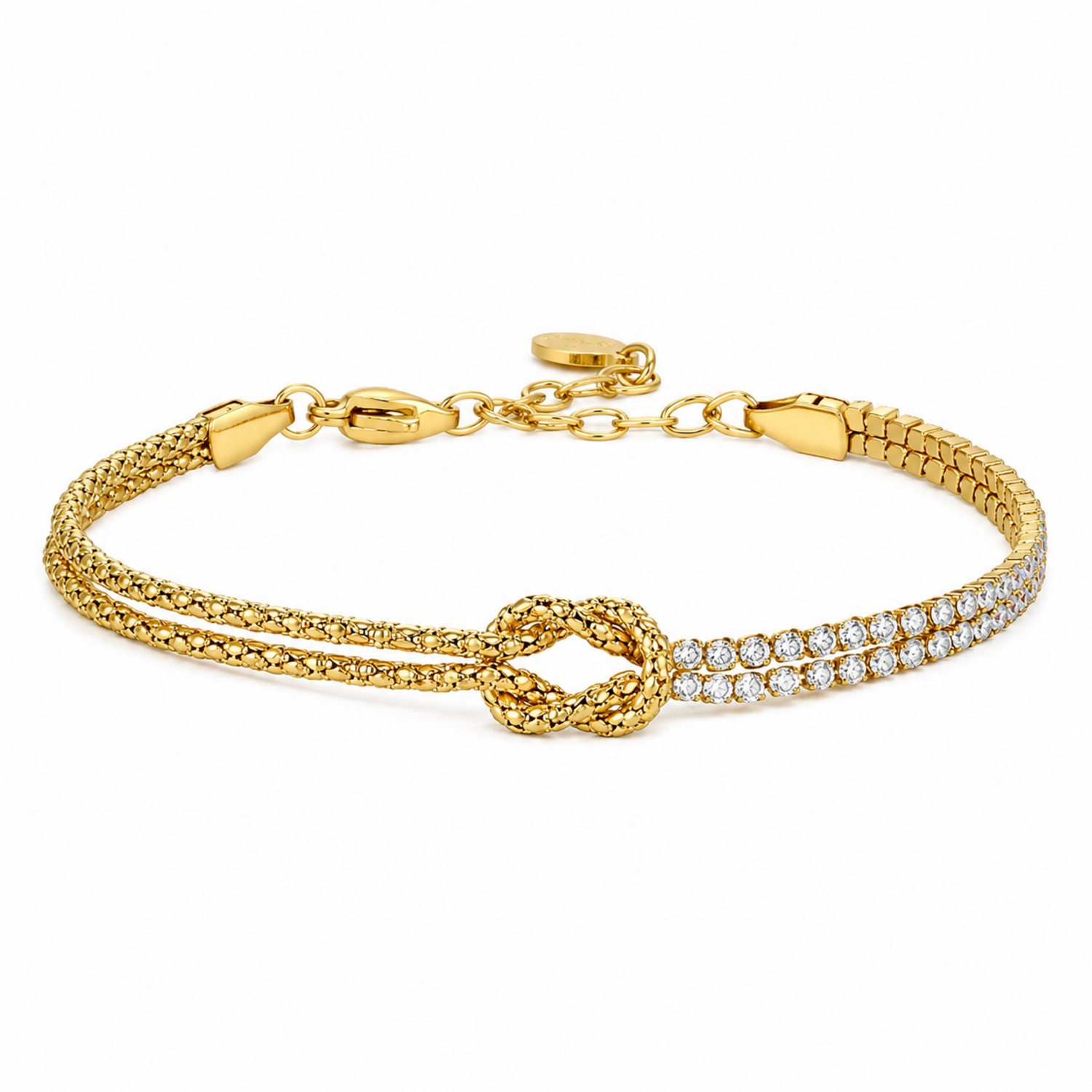 A gold-plated chain bracelet for women featuring a central knot, one woven gold strand, and one double-row crystal strand