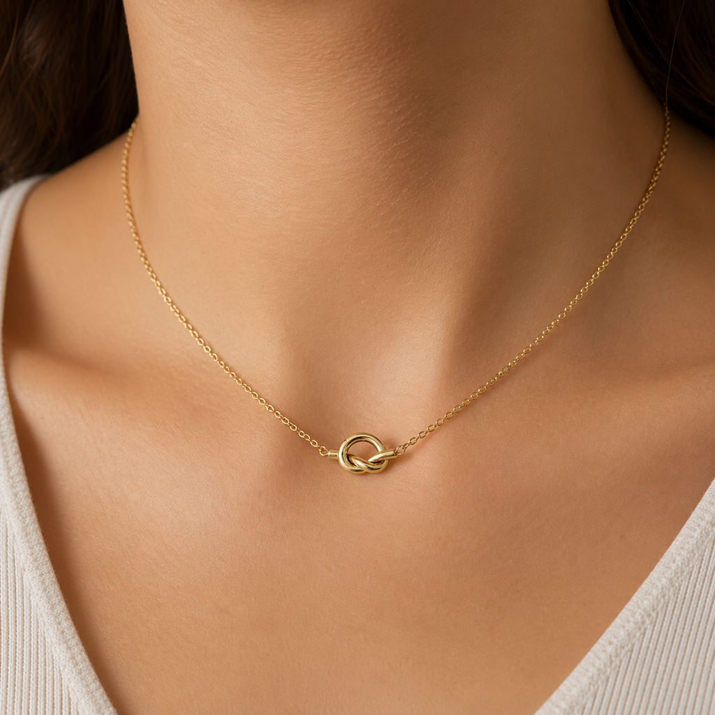 A gold-plated stainless steel chain for women featuring a polished, sculptural knot pendant on a delicate link chain, on a model.