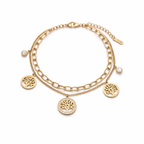 A dual-layer gold-plated chain bracelet for women featuring Tree of Life charms and clear crystal accents, displayed on a white surface