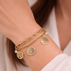 A dual-layer gold-plated chain bracelet for women featuring Tree of Life charms and clear crystal accents on a model hand
