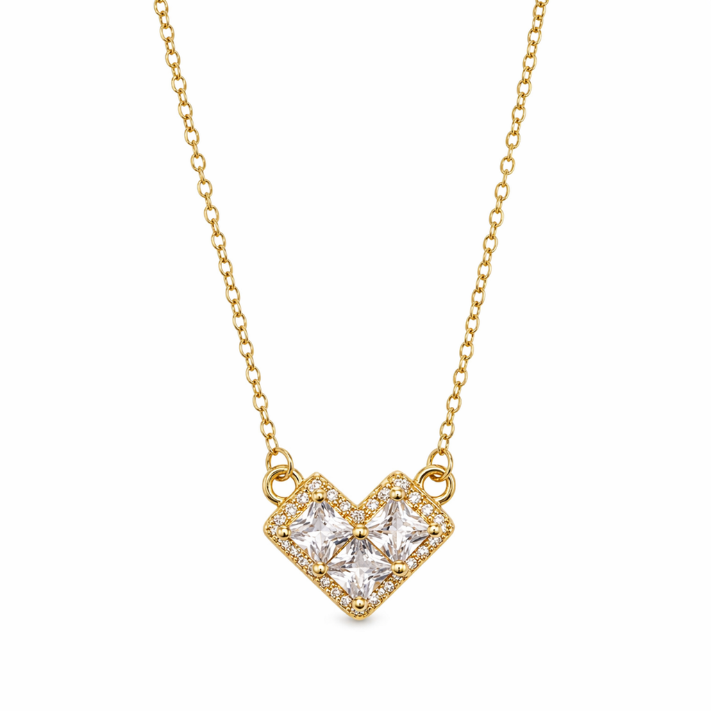 A gold-plated stainless steel chain for women featuring a heart-shaped pendant set with three large square crystals and a sparkling pavé halo.